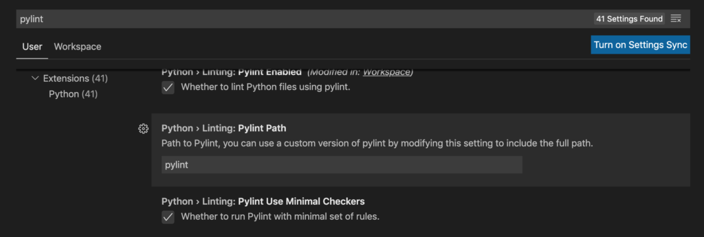settingsの入力欄にpylintを入力し検索。